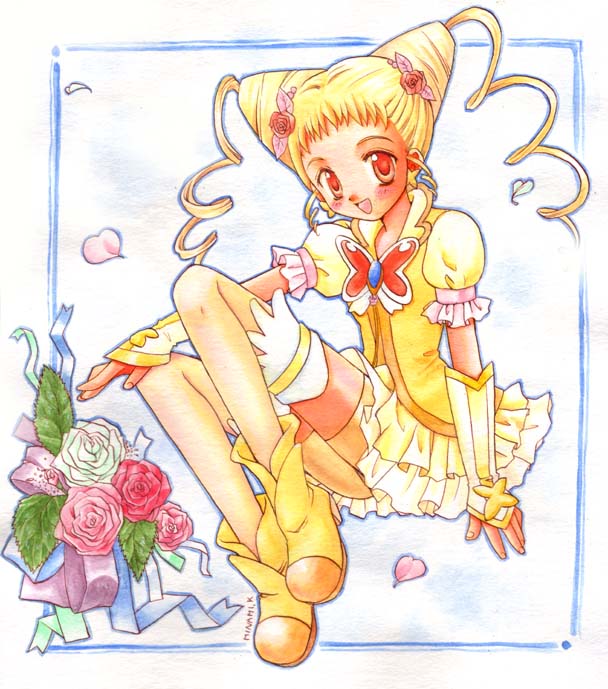 1girl bike_shorts blonde_hair blush brooch brown_eyes butterfly colored_pencil cure_lemonade curly_hair double_bun dress earrings flower gloves jewelry kasugano_urara leaf long_hair magical_girl minami_kawa pencil petals pink_rose precure red_rose rose shoes shorts_under_skirt sitting smile solo thigh-highs thighhighs traditional_media twintails white_rose yellow_bike_shorts yellow_dress yellow_legwear yes!_precure_5