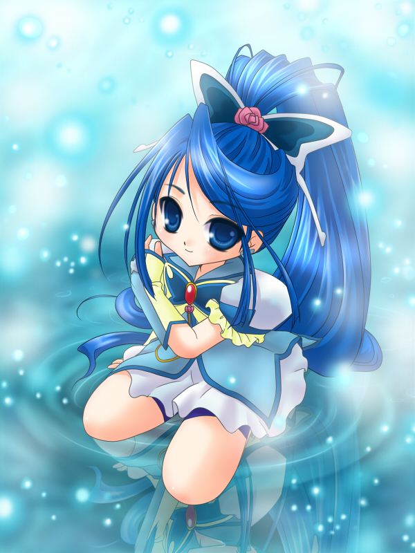 bike_shorts blue blue_background blue_eyes blue_hair brooch butterfly butterfly_hair_ornament cure_aqua dress earrings flower frills gloves hair_ornament jewelry kneeling long_hair magical_girl minazuki_karen narimiya_momone payot pink_rose ponytail precure reflection rose smile solo water yes!_precure_5
