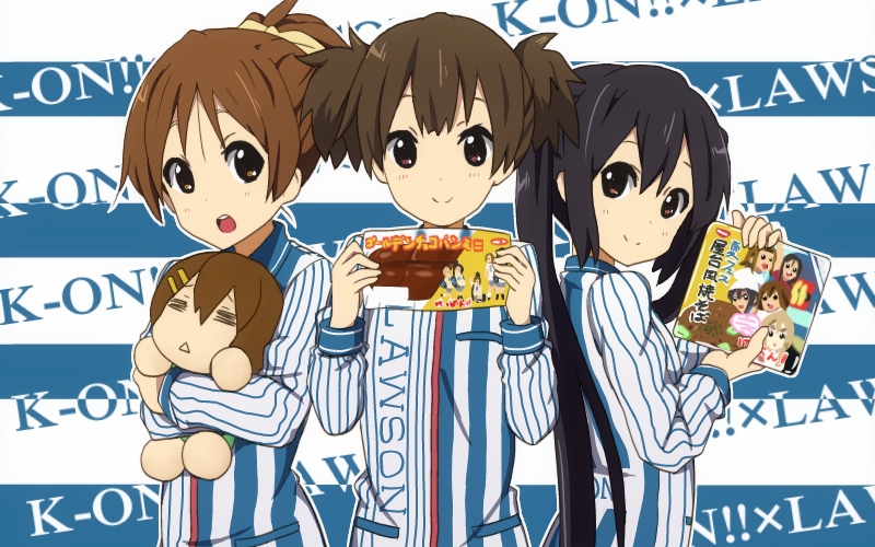 3girls amano_(els573) black_hair bread brown_eyes brown_hair character_doll doll doll_hug food hirasawa_ui hirasawa_yui k-on! lawson long_hair multiple_girls nakano_azusa ponytail short_hair short_twintails suzuki_jun twintails