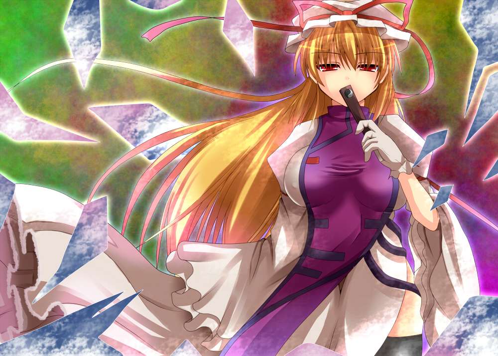 black_legwear blonde_hair breasts covering covering_face covering_mouth dress fan hat large_breasts long_hair multicolored_dress purple_dress red_eyes side_slit solo takeyuu thigh-highs thighhighs touhou white_dress yakumo_yukari yin_yang