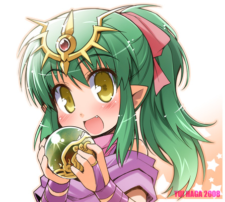 1girl 2008 artist_name bad_id blush chibi chiki chiki_(fire_emblem) child cute dragon_girl elf fang fire_emblem fire_emblem:_mystery_of_the_emblem fire_emblem:_shin_ankoku_ryuu_to_hikari_no_tsurugi fire_emblem_mystery_of_the_emblem gem green_hair haga_yui hair_ribbon happy intelligent_systems loli long_hair lowres nintendo open_mouth payot pointy_ears ponytail ribbon shawl smile solo star tiara yellow_eyes