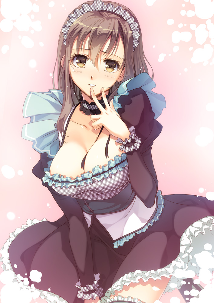 breasts brown_eyes brown_hair choker cleavage corset covering covering_crotch frills garters gathers hand_on_chin hand_to_chin large_breasts long_hair looking_at_viewer maid_headdress mashimaro open_mouth oretachi_ni_tsubasa_wa_nai plaid ribbon ruffles simple_background solo tamaizumi_hiyoko thighhighs waitress yellow_eyes