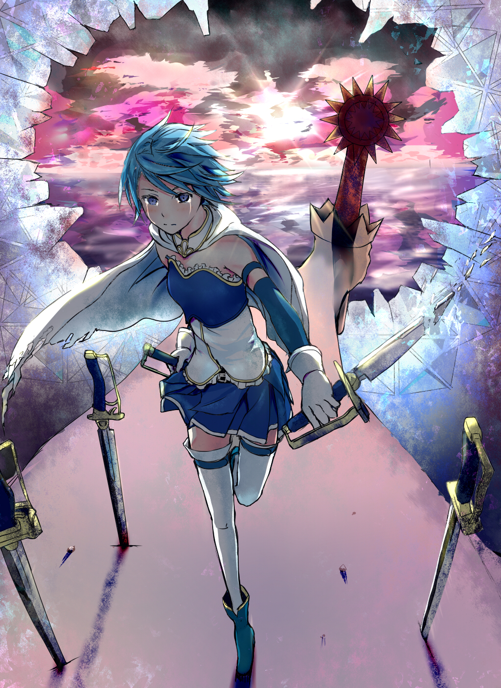 armband blue_eyes blue_hair cape disintegration gloves highres magical_girl mahou_shoujo_madoka_magica miki_sayaka short_hair shouin solo sword tears thigh-highs thighhighs torn_cape weapon white_legwear zettai_ryouiki