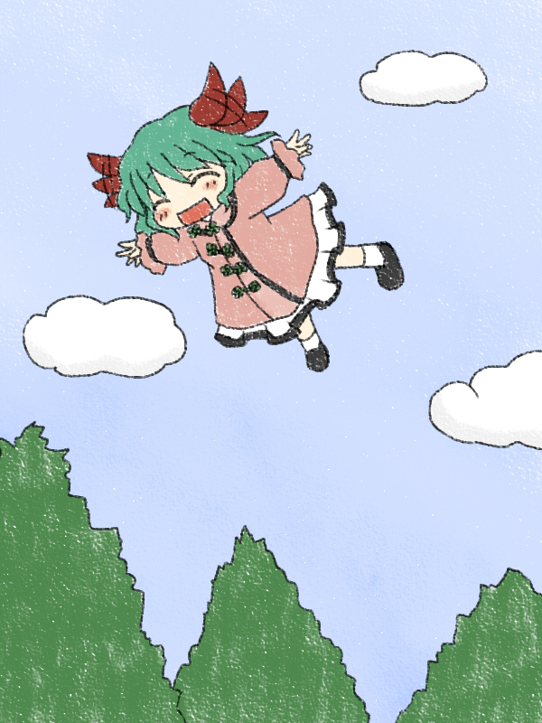 animal_ears chibi closed_eyes cloud clouds dress ear_wiggle eyes_closed flying green_hair kasodani_kyouko nimu_(siroirousagi) open_mouth outstretched_arms short_hair sky smile solo spread_arms touhou
