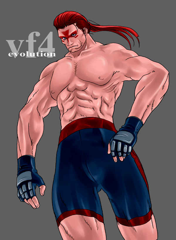 1boy abs blue_eyes facial_tattoo fingerless_gloves g-room_honten gloves muscle ponytail redhead shirtless shorts simple_background solo tattoo virtua_fighter wolf_hawkfield