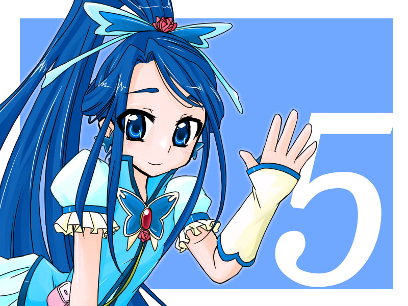 blue blue_background blue_eyes blue_hair brooch butterfly butterfly_hair_ornament cure_aqua earrings flower gloves hair_ornament itiyuujin jewelry long_hair magical_girl minazuki_karen ponytail precure red_rose rose smile solo yes!_precure_5