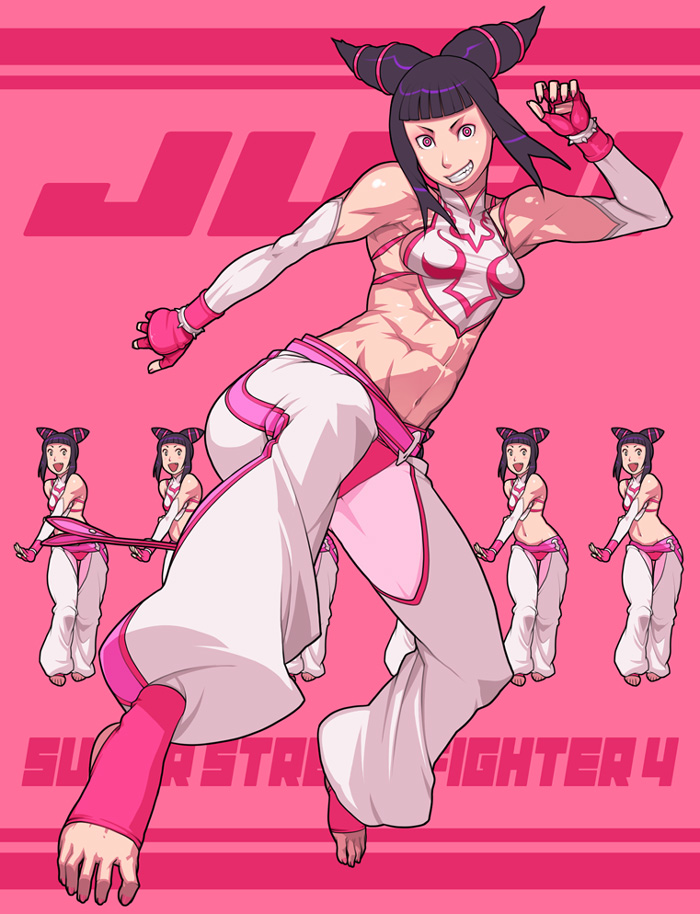 1girl abs baggy_pants bare_shoulders belt black_hair bracelet crop_top elbow_gloves fingerless_gloves g-room_honten gloves grin han_juri jewelry midriff navel pink_eyes pointy_hair short_hair short_twintails small_breasts smile solo spiked_bracelet spikes street_fighter street_fighter_iv super_street_fighter_iv toeless_socks toes twintails