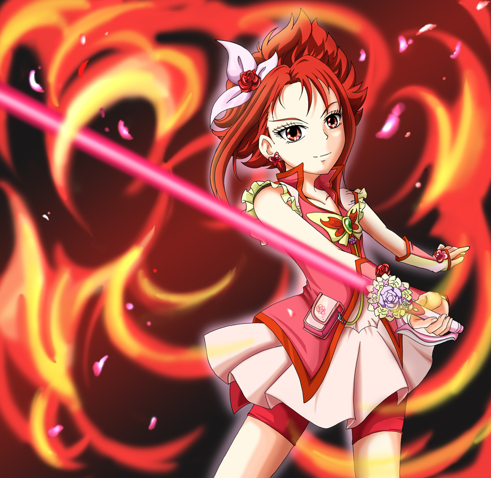 bike_shorts brooch butterfly cure_fleuret cure_rouge dress earrings energy_sword fiery_background fire flower gloves jewelry lightsaber magical_girl maryu natsuki_rin precure red red_eyes red_hair red_rose redhead rose short_hair shorts_under_skirt smile solo sword weapon yes!_precure_5