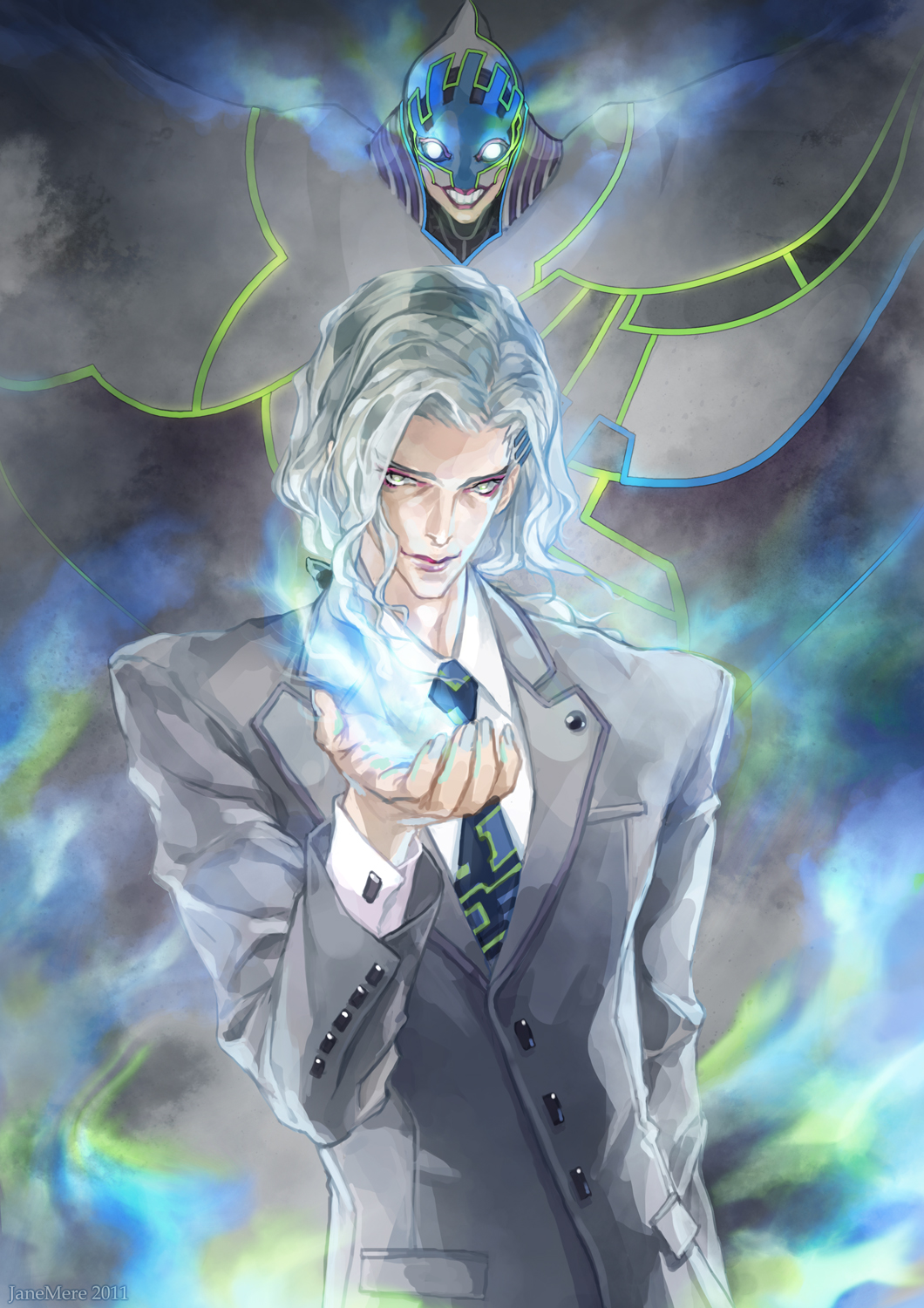 cloak dual_persona fire formal glowing glowing_eyes highres janemere lunatic_(tiger_&amp;_bunny) male mask necktie pale_skin silver_hair suit tiger_&amp;_bunny yuri_petrov