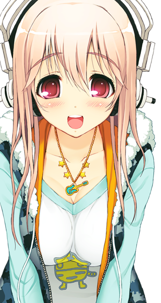 cleavage headphones large_breasts leaning_forward long_hair nitroplus open_mouth pink_hair red_eyes smile solo sonico soniko super_sonico sweater tareme transparent_background tsuji_santa