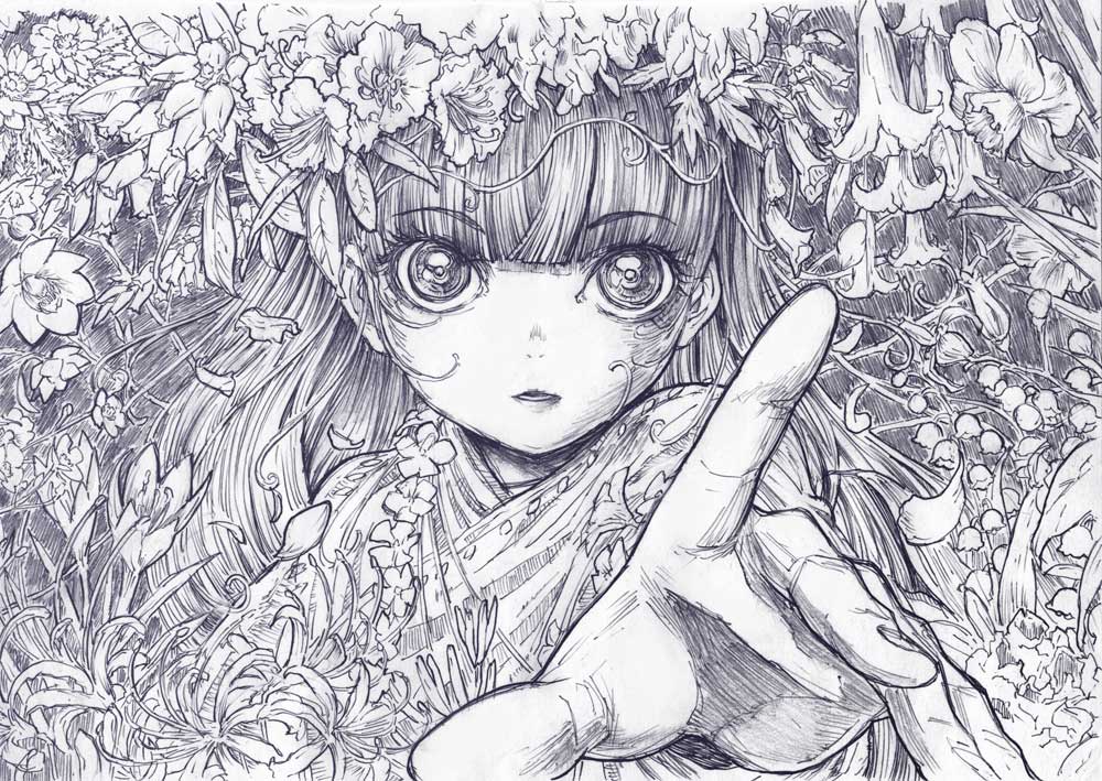 blunt_bangs eyelashes flower hands long_hair monochrome open_mouth original outstretched_arm outstretched_hand sakino_shingetsu sketch solo traditional_media vines