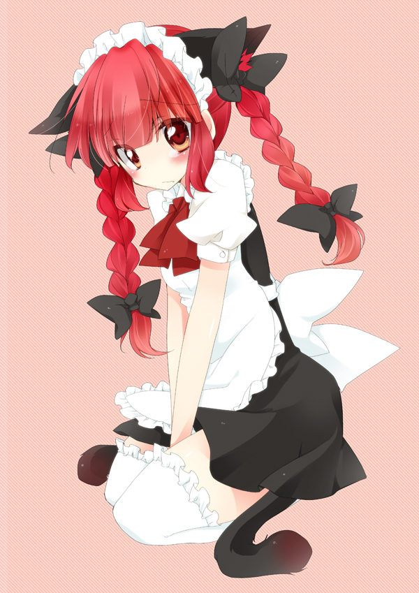 alternate_costume animal_ears apron blush braid cat_ears cat_tail enmaided extra_ears kaenbyou_rin long_hair maid maid_headdress mao_(alepricos) red_eyes sitting solo tail thigh-highs thighhighs touhou twin_braids twintails white_legwear