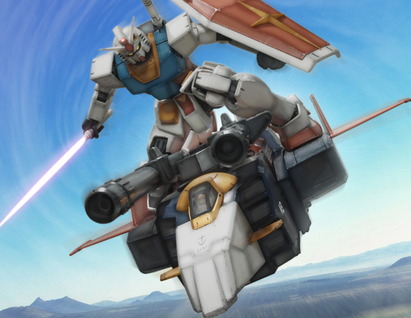 aircraft blue_sky canards cannon energy_sword fighting_stance flying g-fighter gundam helmet lowres mecha mobile_suit_gundam mountain oldschool pilot pilot_suit realistic riding robographer rx-78-2 shield sky space_craft spacesuit starfighter sword weapon