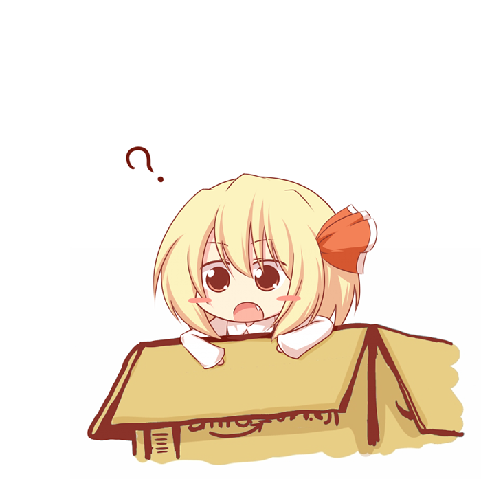 ? amazon_(company) blonde_hair blush_stickers bow box chibi fang girl_in_a_box hair_bow hair_ribbon in_box in_container kohsan_ kousa_(black_tea) open_mouth red_eyes ribbon rumia solo the_embodiment_of_scarlet_devil touhou youkai