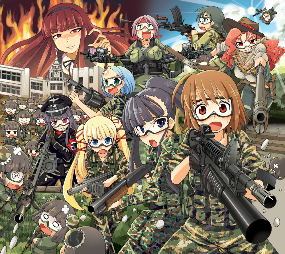 ahoge aiming_at_viewer airsoft al_bhed_eyes assault_rifle bandaid black_hair blonde_hair blue_eyes blue_hair bow braid brown_hair building bullet bun_cover camouflage chibi cover cover_page drum_magazine dual_wielding fire flame forehead foreshortening girls_bad_company goggles grenade_launcher grin gun hair_bow hair_ribbon hat headband left-handed long_hair lunatic_monster m4_carbine machine_gun mecha_to_identify mg42 multiple_girls nazi novel o_o open_mouth ponytail pov_aiming purple_hair red_eyes red_hair redhead ribbon rifle sakazaki_freddy shotgun sleeves_pushed_up smile sun swastika sweat tears twintails type_96 visor wavy_hair weapon weapon4