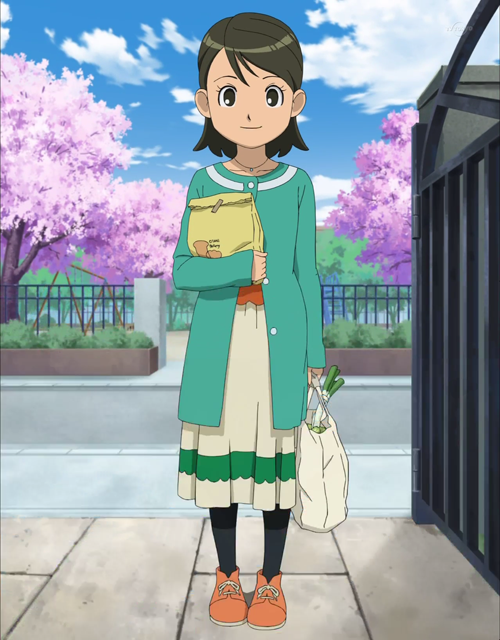 bag cardigan dress food green_eyes green_hair inazuma_eleven inazuma_eleven_(series) inazuma_eleven_go jewelry kino_aki necklace pantyhose screencap shoes shopping_bag smile solo spring_onion stitched