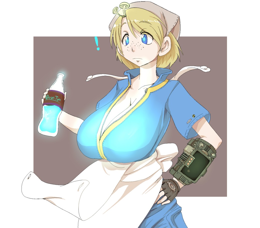 blonde_hair blue_eyes breast_expansion breasts character_request cleavage fallout fallout_3 freckles futaba_channel glow hand_on_hip higuma hips huge_breasts jumpsuit kuma_(redbear) large_breasts lone_wanderer mushroom nijiura_maids nuka_cola nuka_cola_quantum original sagging_breasts short_hair solo