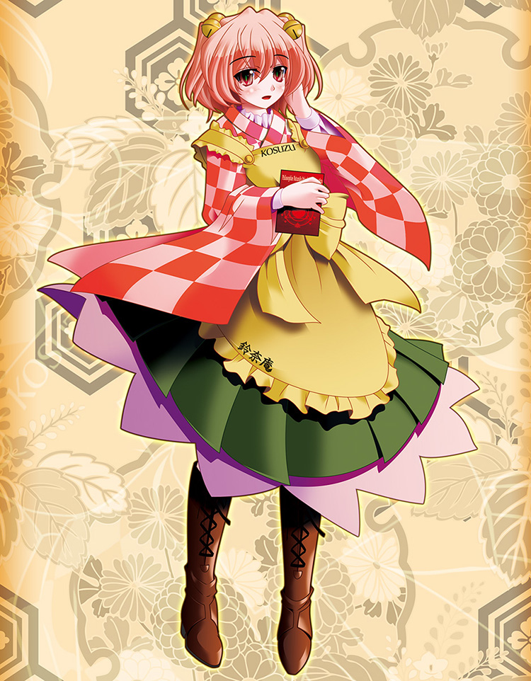 1girl apron bell blush book boots checkered checkered_shirt clothes_writing floral_background hair_bell hair_ornament highres jingle_bell long_sleeves looking_at_viewer motoori_kosuzu open_mouth red_eyes redhead short_hair side_b solo touhou twintails wide_sleeves