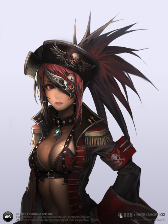 breasts chronos_sword cleavage epaulettes eyepatch hat large_breasts navel_piercing original piercing red_eyes red_hair redhead repi987 simple_background solo