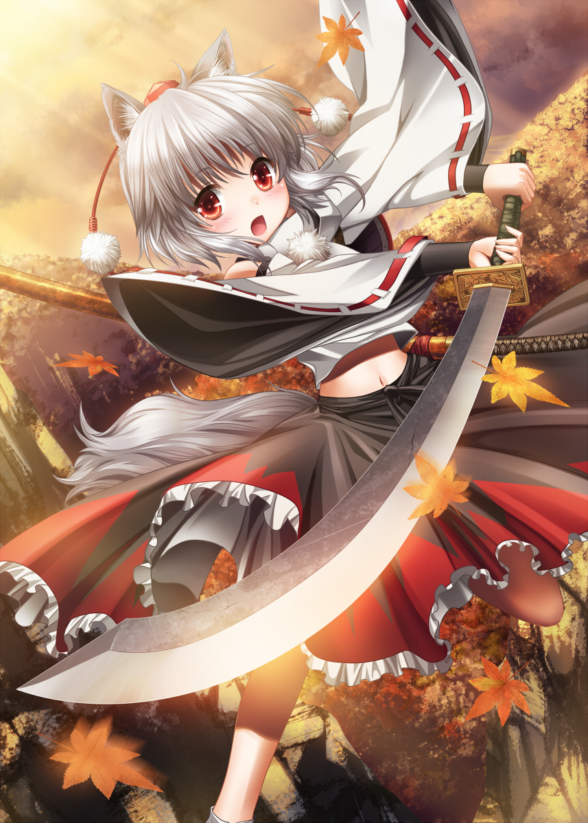 :o animal_ears autumn blush detached_sleeves flying forest hat highres inubashiri_momiji katana kei_kei leaf maple_leaf midriff nature navel open_mouth red_eyes shirt short_hair silver_hair skirt solo sword tail touhou weapon wide_sleeves wolf_ears wolf_tail