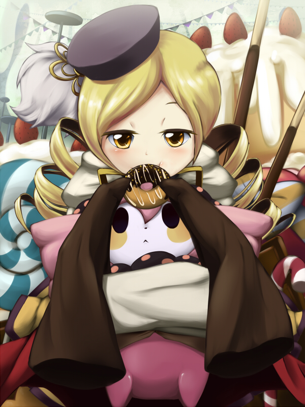 blonde_hair cake charlotte_(madoka_magica) crombaster doughnut drill_hair food fruit hair_ornament hat magical_girl mahou_shoujo_madoka_magica pocky sleeves_past_wrists strawberry tomoe_mami witch's_labyrinth witch's_labyrinth