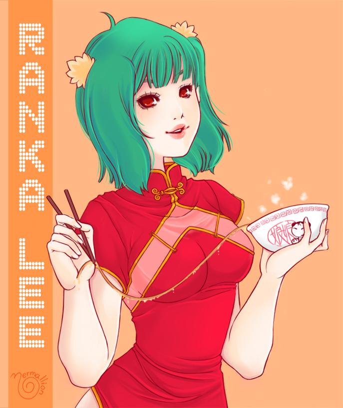 adult breasts bunches china_dress chinese_clothes chopsticks food green_hair hair_ornament lips macross macross_frontier nermallion noodles ranka_lee red_eyes short_hair signature solo taut_shirt