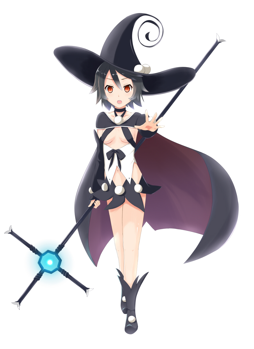 black_hair breasts brown_eyes cape hat highres kazumi_(kazumi_magica) magical_girl mahou_shoujo_kazumi_magica mahou_shoujo_madoka_magica momo_no_kanzume navel navle open_mouth outstretched_arm solo under_boob underboob wand witch_hat