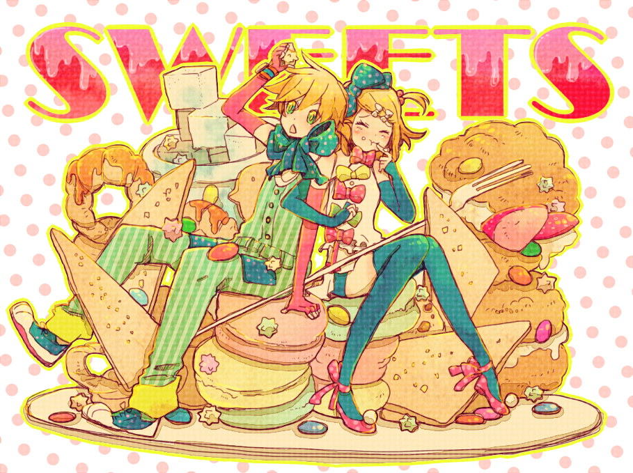 7-24 bare_shoulders blonde_hair blush brother_and_sister cake candy closed_eyes cookie dress eating elbow_gloves eyes_closed fingerless_gloves food fork fruit gloves hair_ornament hair_ribbon hairclip kagamine_len kagamine_rin open_mouth ribbon short_hair siblings sitting skirt strawberry sweets thigh-highs thighhighs twins vocaloid
