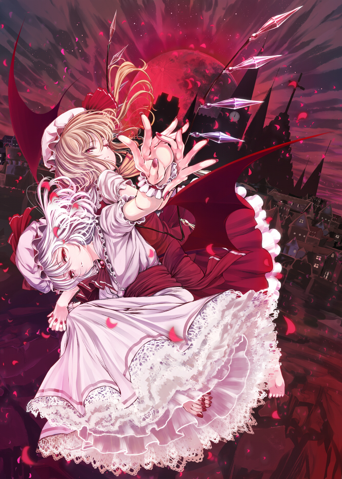 barefoot blonde_hair castle flandre_scarlet flying full_moon hand_holding hands_clasped hat holding_hands interlocked_fingers lace lavender_hair moon multiple_girls nail_polish petals petticoat red_eyes red_moon remilia_scarlet shiokonbu siblings silver_hair sisters toenail_polish touhou town white_hair wings