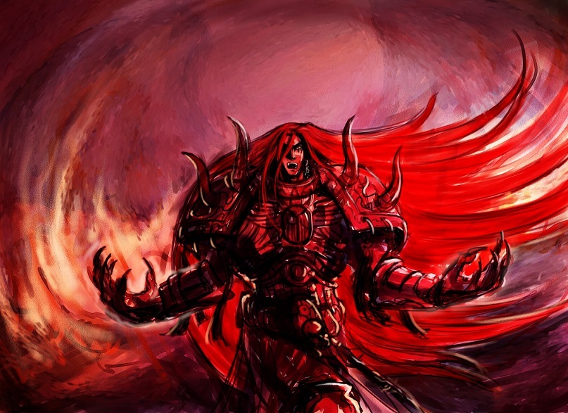 armor elizaveta_bikuin full_armor long_hair magnus_the_red male one-eyed open_mouth pauldrons red red_background red_hair redhead solo spikes warhammer_40k