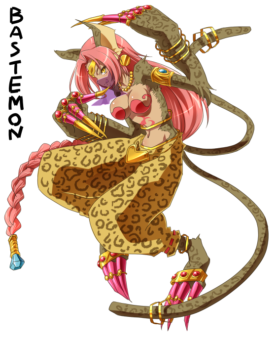 1girl :q animal_ears anklet arai_nobu armlet bastemon bracelet braid breasts cat_ears cat_tail claws cleavage digimon digimon_xros_wars earrings gem hair_ornament harem_pants jewelry long_hair multiple_tails navel necklace pink_hair ring simple_background single_braid solo tail text tiara toe_ring tongue veil very_long_hair yellow_eyes