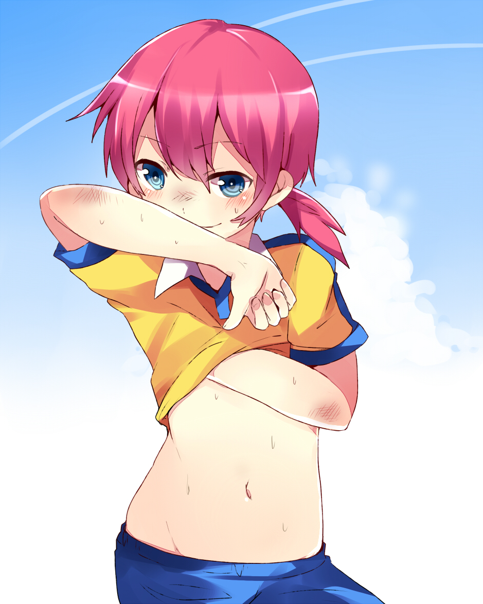 arm_up ayase08 blue_eyes blush dirty dirty_face hand_on_own_chest hand_to_chest inazuma_eleven inazuma_eleven_(series) inazuma_eleven_go kirino_ranmaru male midriff navel pants pigtail pink_hair ponytail pun2 shirt short_twintails smile solo sweat trap twintails