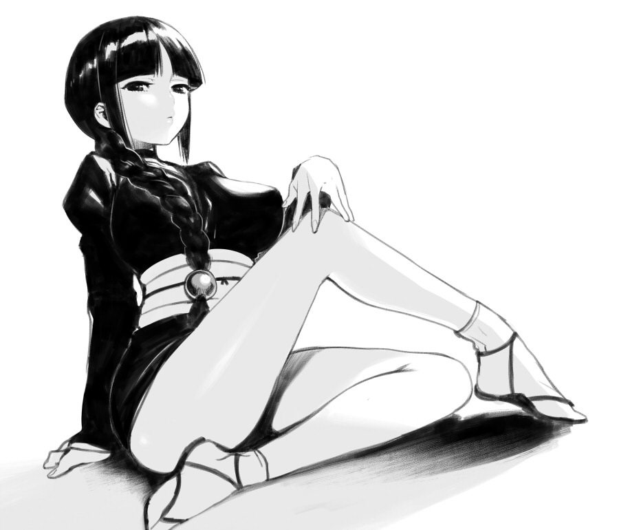 1girl arm_support bangs bare_legs baruterome bleach blunt_bangs braid breasts choker footwear hands impossible_clothes impossible_clothing japanese_clothes kaida_bola kurotsuchi_nemu large_breasts legs long_hair monochrome obi payot sandals simple_background single_braid sitting socks solo