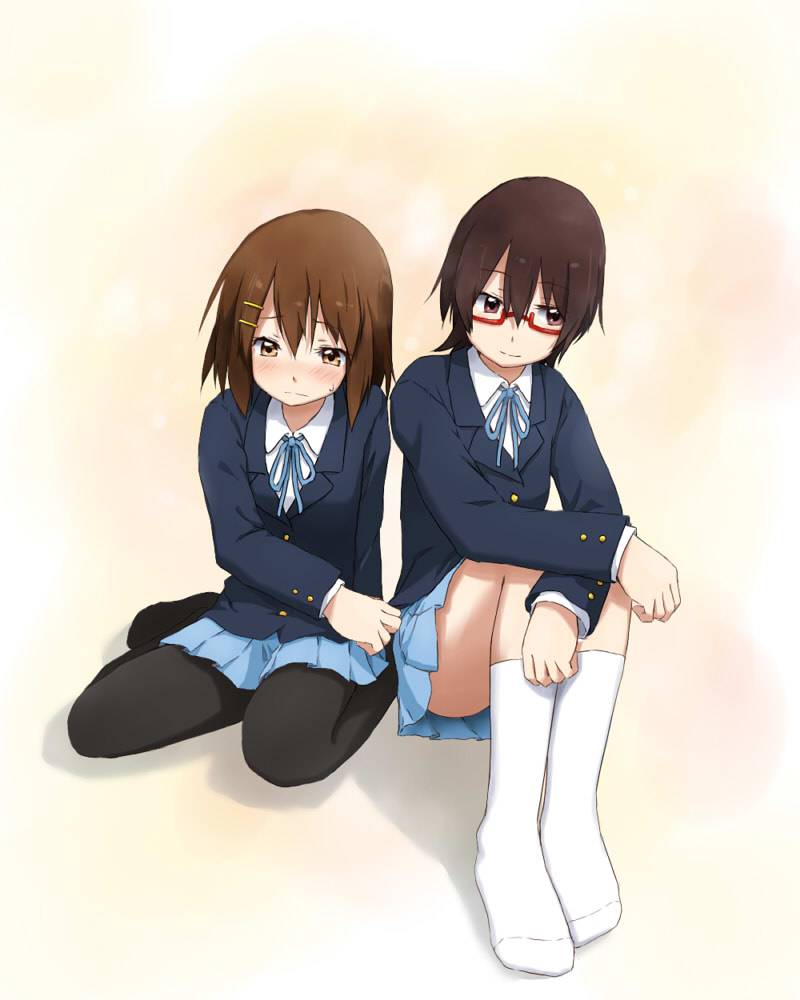 black_legwear blush brown_eyes brown_hair glasses hair_ornament hairclip half_rim_glasses hirasawa_yui k-on! kagiana manabe_nodoka multiple_girls no_shoes pantyhose red-framed_glasses school_uniform semi-rimless_glasses short_hair smile under-rim_glasses