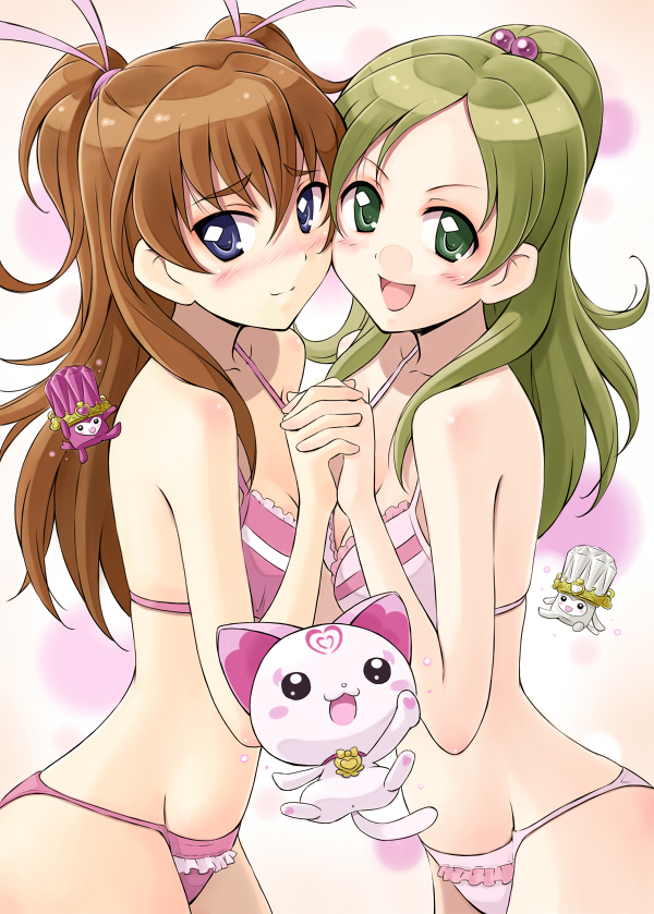 bikini brown_hair character_request fairy_tone green_eyes green_hair hand_holding holding_hands houjou_hibiki hummy_(suite_precure) long_hair minamino_kanade multiple_girls ponytail precure purple_eyes satogo suite_precure swimsuit twintails two_side_up violet_eyes yuri