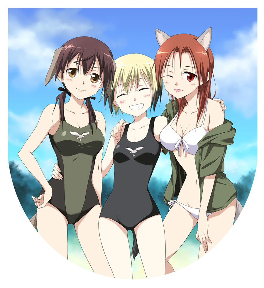 agahari animal_ears bikini breasts brown_eyes brown_hair casual_one-piece_swimsuit charlotte_e_yeager cleavage closed_eyes collarbone dog_ears dog_tail erica_hartmann eyes_closed front-tie_top gertrud_barkhorn grin hair_ribbon hand_on_hip hand_on_shoulder hips jacket minna-dietlinde_wilcke multicolored_hair multiple_girls navel off_shoulder one-piece_swimsuit red_eyes red_hair redhead ribbon side-tie_bikini smile strike_witches swimsuit tail twintails two-tone_hair wink