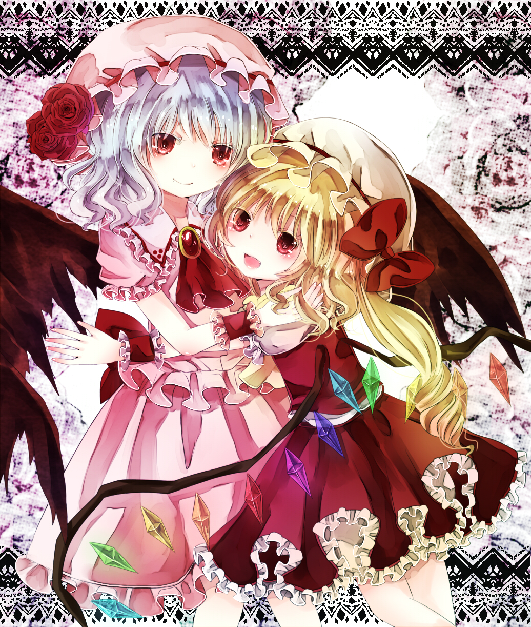 ascot bat_wings blonde_hair blue_hair blush curly_hair dress fang flandre_scarlet flower frills hat highres hug jaku_sono multiple_girls open_mouth pink_dress red_dress red_eyes red_rose remilia_scarlet rose siblings side_ponytail sisters smile touhou wings