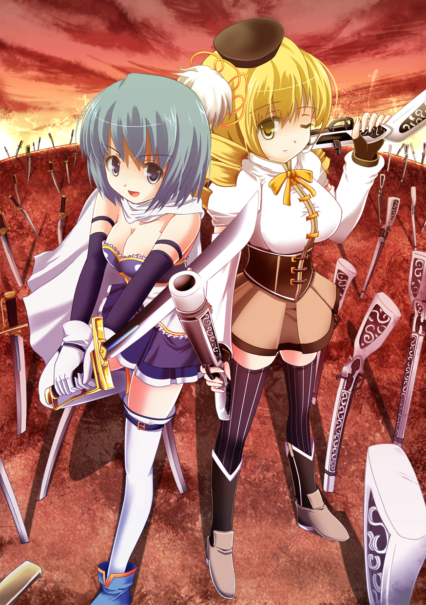beret blonde_hair blue_eyes blue_hair boots breasts brown_legwear cape cleavage corset detached_sleeves drill_hair dual_wielding field_of_blades fingerless_gloves foreshortening gloves gun hair_ornament hairpin hat highres large_breasts magical_girl magical_musket mahou_shoujo_madoka_magica miki_sayaka multiple_girls musket pleated_skirt puffy_sleeves ribbon short_hair skindentation skirt standing sword taut_shirt thigh-highs thighhighs tomoe_mami twin_drills unlimited_blade_works vertical-striped_legwear vertical_stripes weapon windfeathers wink yellow_eyes zettai_ryouiki