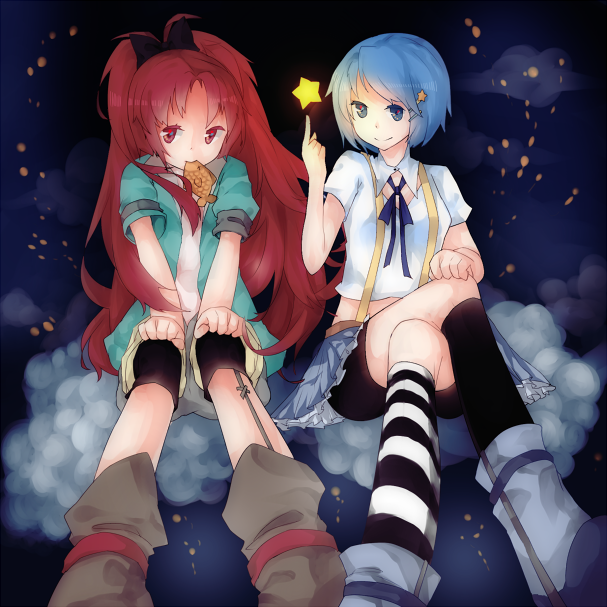 blue_eyes blue_hair boots bow cloud clouds eating food hair_bow hair_ornament he_ji_(ryou) heart long_hair magic magical_girl mahou_shoujo_madoka_magica miki_sayaka multiple_girls ponytail red_eyes red_hair redhead sakura_kyouko short_hair shorts skirt smile star striped striped_legwear taev thigh-highs thighhighs