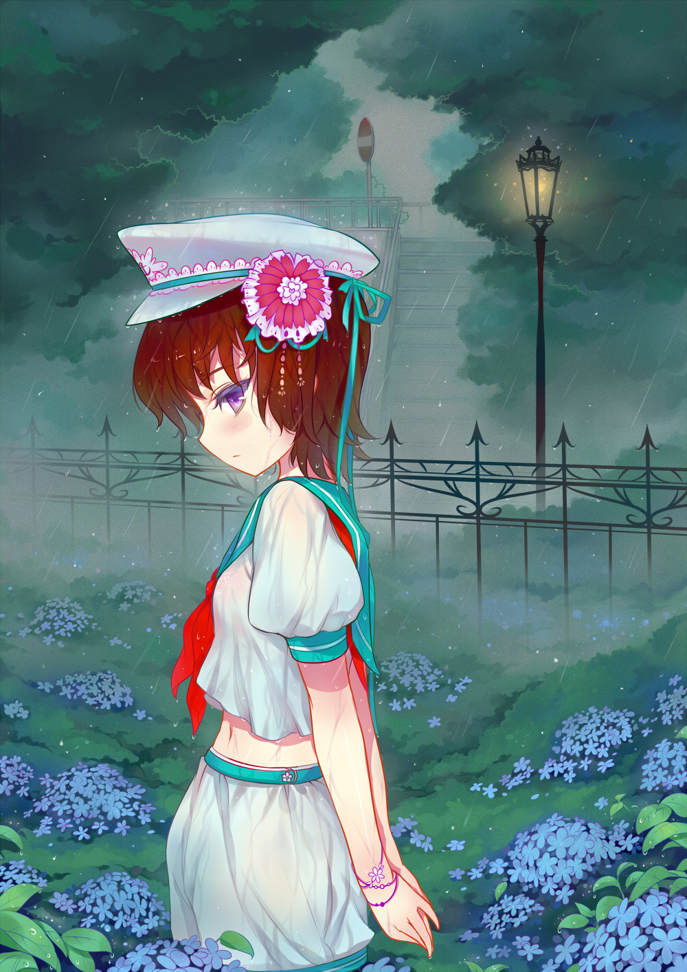 arms_behind_back bracelet brown_hair contemporary fence flower hair_flower hair_ornament highres hydrangea jewelry murasa_minamitsu nature outdoors purple_eyes rain s.advent sailor sailor_cap see-through short_hair sign solo touhou violet_eyes water wet wet_clothes