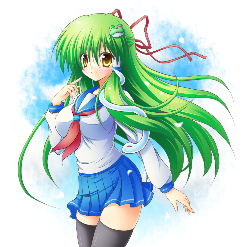 black_legwear blush breasts brown_eyes female frog green_hair hair_ribbon kochiya_sanae large_breasts long_hair osashin_(osada) pointing pointing_at_self ribbon school_uniform serafuku shin_osada skirt smile snake solo thigh-highs thighhighs touhou yellow_eyes zettai_ryouiki