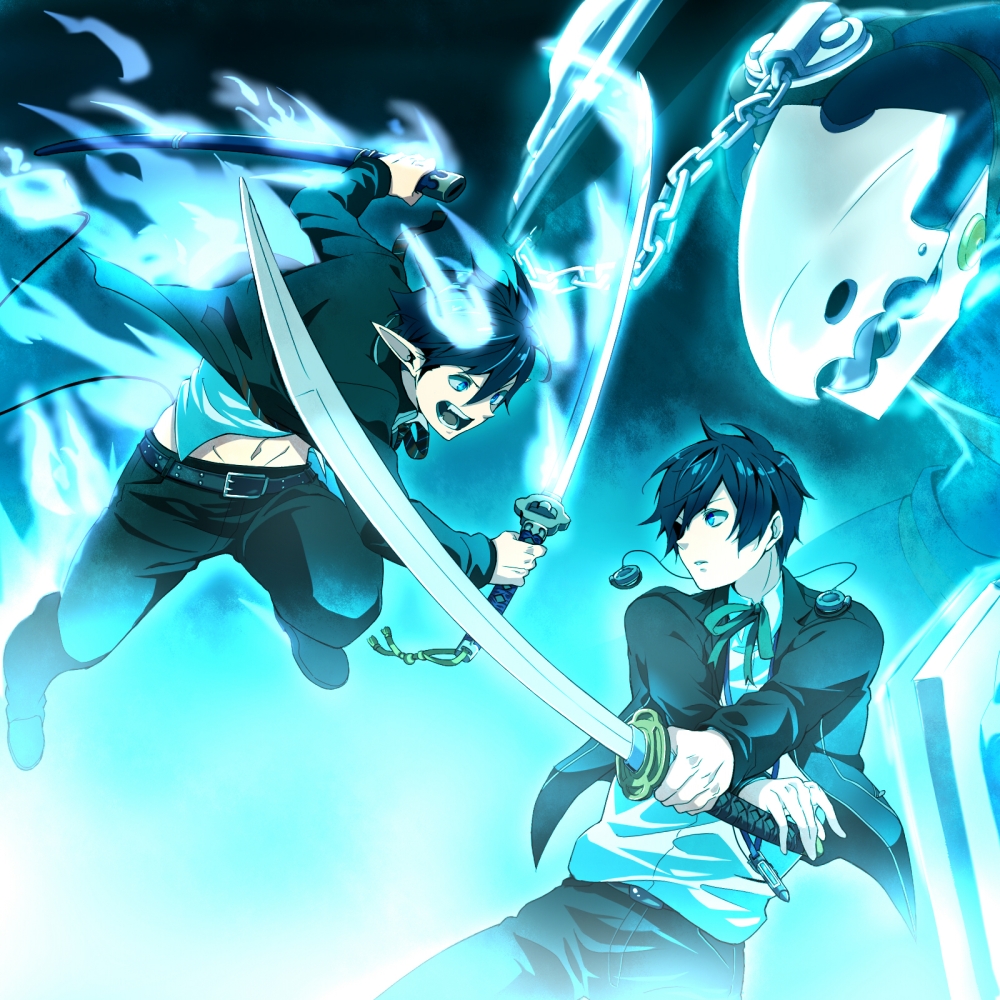 ao_no_exorcist arisato_minato bad_id battle blue_eyes blue_hair crossover digital_media_player headphones hgk katana male multiple_boys okumura_rin persona persona_3 pointy_ears short_hair sword tail thanatos weapon