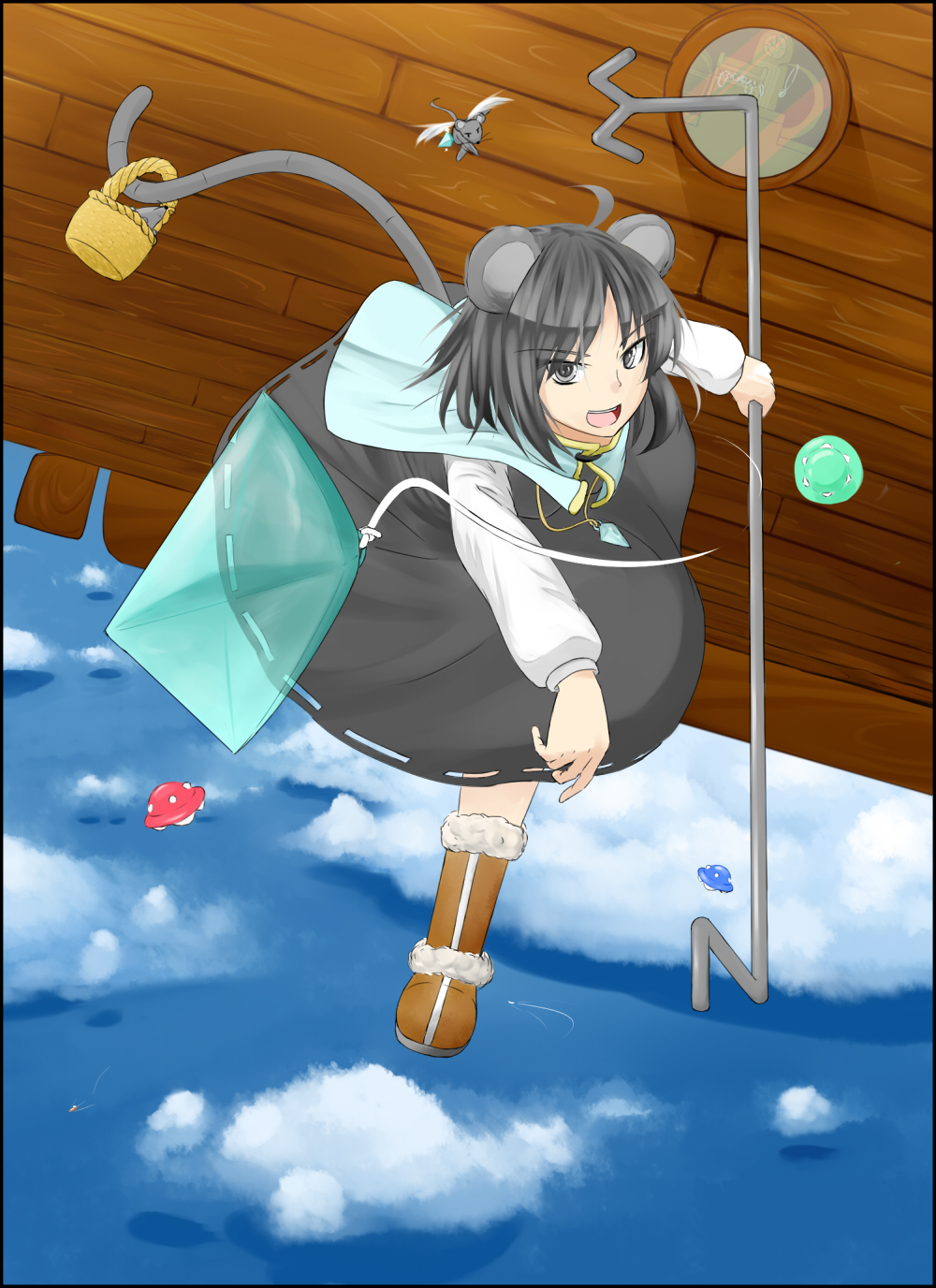 animal_ears basket boots capelet cloud dress flying grey_eyes grey_hair highres jewelry mouse mouse_ears mouse_tail nazrin pendant sky solo tail touhou ufo window yasuragi
