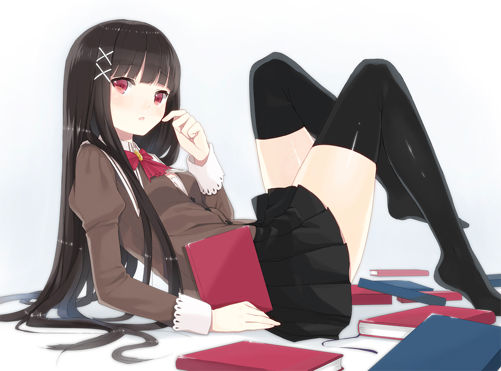 bangs black_hair black_legwear blunt_bangs blush book brooch hair_tie hands hasuhadera_kunka jewelry kurasawa_moko long_hair lying no_shoes original pleated_skirt red_eyes school_uniform simple_background skirt solo thigh-highs thighhighs thighs yukinezumi zettai_ryouiki