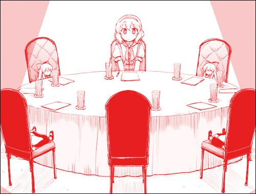 alice_margatroid chair doll hairband lonely lowres mikagami_hiyori monochrome shanghai_doll sitting solo table touhou