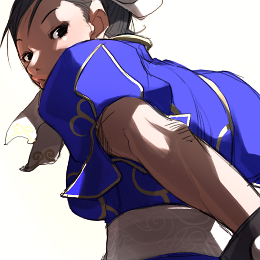 1girl black_hair bracelet bun_cover capcom china_dress chinadress chinese_clothes chun-li double_bun falcoon jewelry looking_back nose sash short_hair solo spiked_bracelet spikes street_fighter