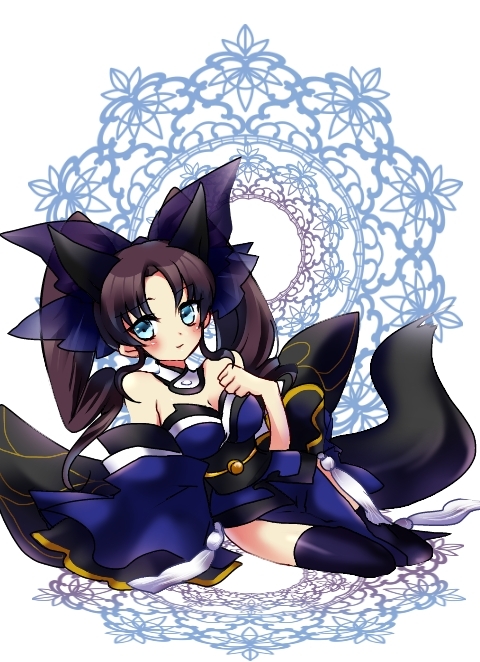 6-k-i-7 animal_ears aqua_eyes bare_shoulders black_hair black_legwear black_thighhighs blue_eyes blush bow breasts caster_(fate/extra) caster_(fate/extra)_(cosplay) cleavage cosplay detached_sleeves fate/extra fate/stay_night fate_(series) female fox_ears fox_tail hair_bow hair_ribbon japanese_clothes kemonomimi_mode ribbon solo tail thigh-highs thighhighs tohsaka_rin toosaka_rin twintails zettai_ryouiki