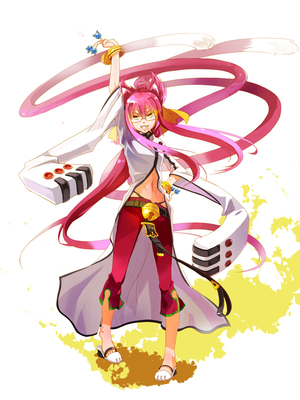 arm_up bell belt black_panties blazblue bracelet candy cat_ears cat_tail feet female glasses grin hands_on_hips jewelry kokonoe labcoat lollipop long_hair midriff multiple_tails navel panties pants pink_hair ponytail ribbon sandals selenoring solo tail trench_coat underwear yellow_eyes yellow_ribbon