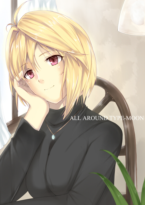 arcueid_brunestud blonde_hair bust fate/stay_night hand_on_face hand_on_own_face iro iro_(sekaixiro) jewelry necklace red_eyes sitting smile solo tsukihime turtleneck window