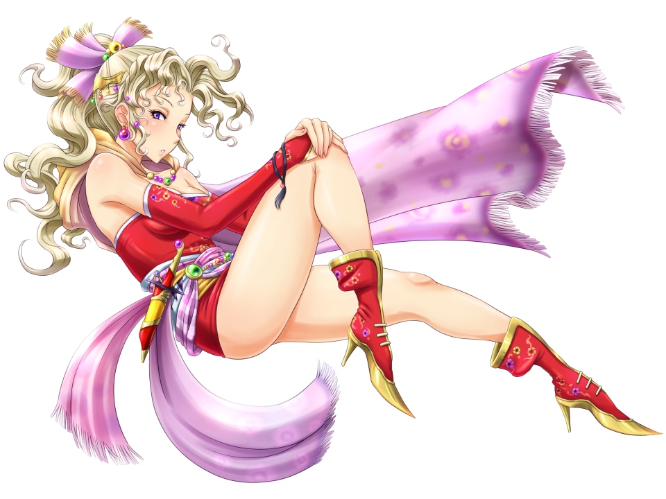 bare_shoulders blonde_hair breasts bridal_gauntlets cape cleavage dagger detached_sleeves earrings female final_fantasy final_fantasy_vi hair_ornament high_heels jewelry legs long_hair long_legs ponytail purple_eyes ribbon sash sheath shikuta_maru shoes simple_background solo thighs tina_branford violet_eyes weapon